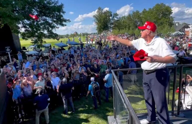 “USA! USA! USA!” – Trump Throws MAGA Hats Into Crowd at His Bedminster Golf Course (VIDEO)